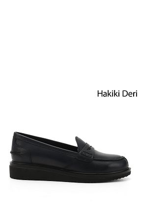 کفش لوفر سرمه ای زنانه چرم خالص GÖNDERİ(R) - کد 89845586