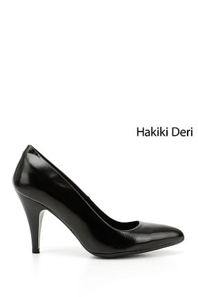 کفش پاشنه بلند کلاسیک مشکی زنانه چرم خالص GÖNDERİ(R) - کد 1177382