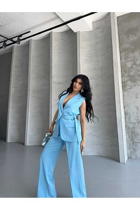 ست بالاتنه و پائین تنه آبی زنانه بافتنی MYGİYİMİSTANBUL - کد 940934684