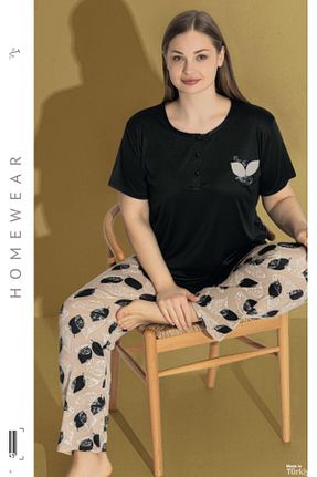 ست لباس راحتی سایز بزرگ مشکی زنانه طرح دار Ladnie iç giyim - کد 941634324