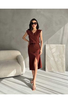 ست بالاتنه و پائین تنه زرشکی زنانه بافتنی Dovil - کد 941704491