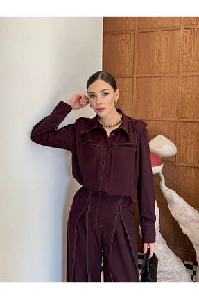 ست بالاتنه و پائین تنه زرشکی زنانه بافتنی Ahel Tasarım - کد 942119415