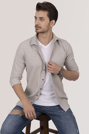 پیراهن بژ مردانه اسلیم فیت Etikmen - کد 773133801