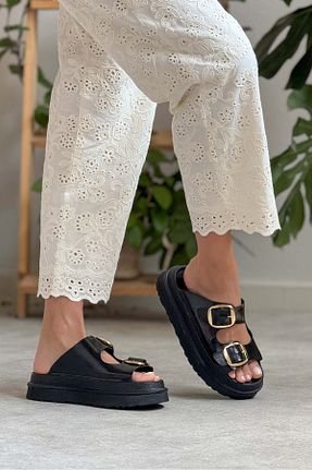 دمپائی مشکی زنانه چرم مصنوعی NİŞANTAŞI SHOES - کد 940904940