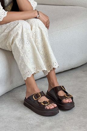 دمپائی قهوه ای زنانه چرم مصنوعی NİŞANTAŞI SHOES - کد 940904997