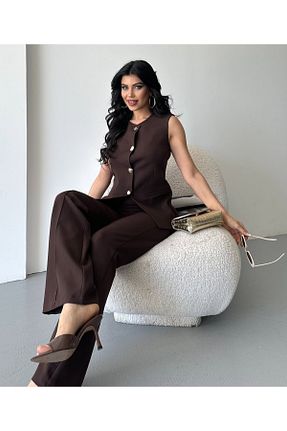 کت و شلوار قهوه ای زنانه یقه کتی pembekurdelem - کد 941143097