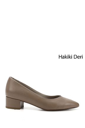 کفش پاشنه بلند کلاسیک قهوه ای زنانه چرم خالص GÖNDERİ(R) - کد 463656337