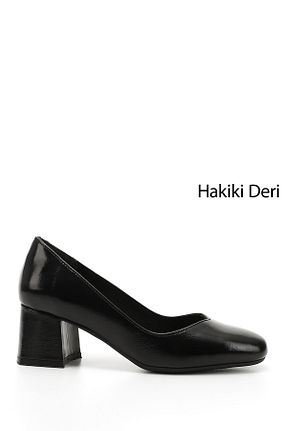 کفش پاشنه بلند کلاسیک مشکی زنانه چرم خالص GÖNDERİ(R) - کد 798160236