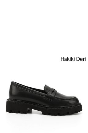 کفش لوفر مشکی زنانه چرم خالص GÖNDERİ(R) - کد 905636597