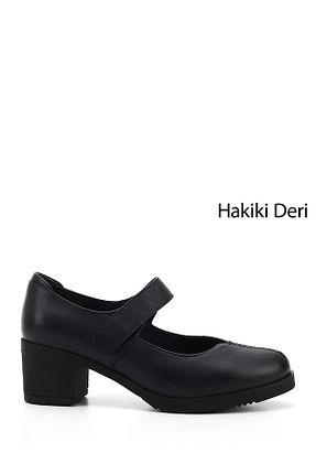 کفش پاشنه بلند کلاسیک سرمه ای زنانه چرم خالص GÖNDERİ(R) - کد 421585204