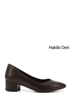 کفش پاشنه بلند کلاسیک قهوه ای زنانه چرم خالص GÖNDERİ(R) - کد 119023937