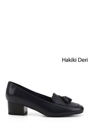 کفش پاشنه بلند کلاسیک سرمه ای زنانه چرم خالص GÖNDERİ(R) - کد 4952655