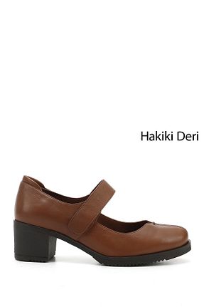 کفش پاشنه بلند کلاسیک قهوه ای زنانه چرم خالص GÖNDERİ(R) - کد 473323832