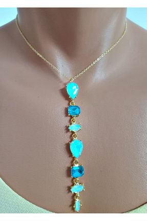 گردنبند جواهر آبی زنانه روکش طلا mos&more - کد 941712431