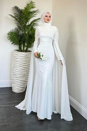 لباس مجلسی حجاب سفید زنانه یقه ایستاده MERVEN AKYÜZ - کد 942022626
