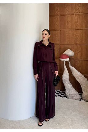 ست بالاتنه و پائین تنه زرشکی زنانه بافتنی Ahel Tasarım - کد 942119415