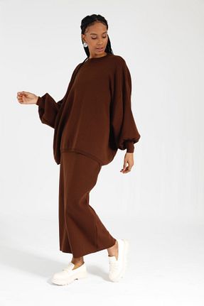 ست بالاتنه و پائین تنه قهوه ای زنانه تریکو Suede Style - کد 940912928