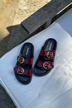 دمپائی زرشکی زنانه چرم مصنوعی NİŞANTAŞI SHOES - کد 936215568