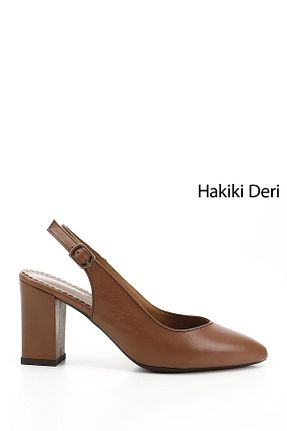 کفش پاشنه بلند کلاسیک قهوه ای زنانه چرم خالص GÖNDERİ(R) - کد 113902460