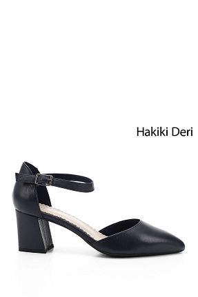 کفش پاشنه بلند کلاسیک سرمه ای زنانه چرم خالص GÖNDERİ(R) - کد 322427301