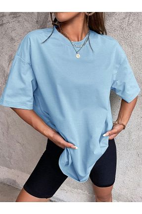 تیشرت آبی زنانه اورسایز DUBU BUTİK - کد 739092534