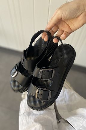 صندل مشکی زنانه پاشنه تخت Tamdabu Ayakkabı - کد 932804767