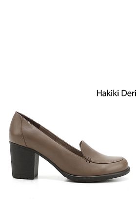 کفش پاشنه بلند کلاسیک قهوه ای زنانه چرم خالص GÖNDERİ(R) - کد 764225211