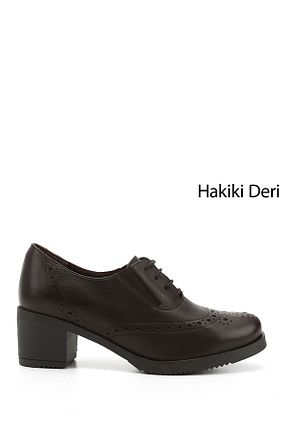 کفش پاشنه بلند کلاسیک قهوه ای زنانه چرم خالص GÖNDERİ(R) - کد 384874384