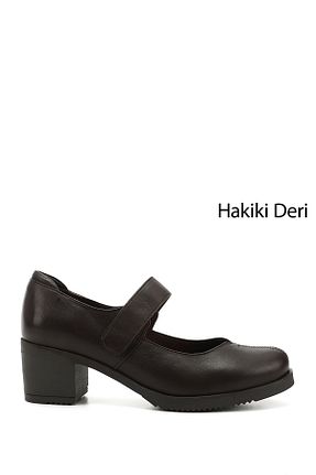 کفش پاشنه بلند کلاسیک قهوه ای زنانه چرم خالص GÖNDERİ(R) - کد 421585135