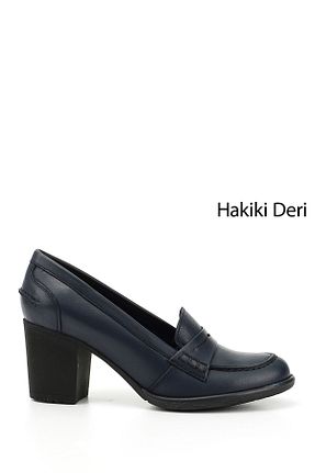 کفش پاشنه بلند کلاسیک سرمه ای زنانه چرم خالص GÖNDERİ(R) - کد 33417220