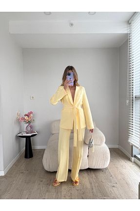کت و شلوار زرد زنانه یقه کتی MYGİYİMİSTANBUL - کد 941007778