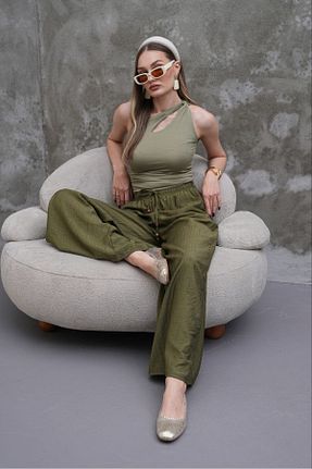شلوار پارچه ای خاکی زنانه بلند RAWEA FASHİON - کد 941640369