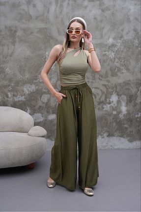 شلوار پارچه ای خاکی زنانه بلند RAWEA FASHİON - کد 941640369