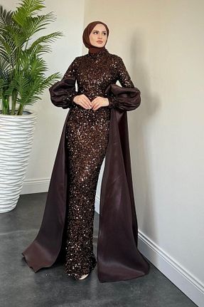 لباس مجلسی حجاب قهوه ای زنانه یقه ایستاده MERVEN AKYÜZ - کد 942022881