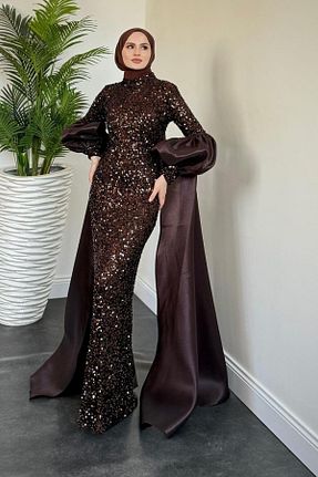 لباس مجلسی حجاب قهوه ای زنانه یقه ایستاده MERVEN AKYÜZ - کد 942022881