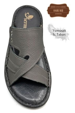 دمپائی طوسی مردانه چرم خالص sermoda - کد 942037516
