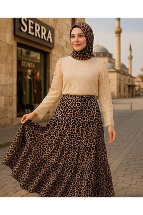 دامن سایز بزرگ قهوه ای زنانه ویسکون LİFERA - کد 942384222