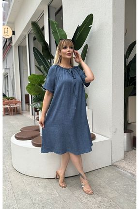 لباس سایز بزرگ سرمه ای زنانه کتان Butik Nilyam - کد 942401133
