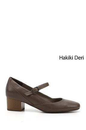 کفش پاشنه بلند کلاسیک قهوه ای زنانه چرم خالص GÖNDERİ(R) - کد 366952802