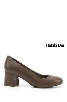 کفش پاشنه بلند کلاسیک قهوه ای زنانه چرم خالص GÖNDERİ(R) - کد 806451889