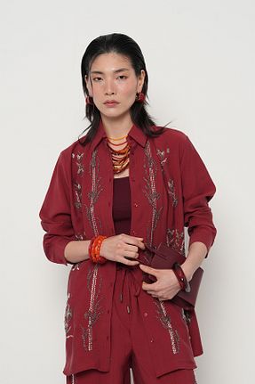 پیراهن زرشکی زنانه یقه پیراهنی Orfeo Negro - کد 942552352