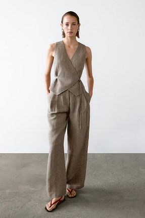 شلوار بژ زنانه کتان Massimo Dutti - کد 943253762