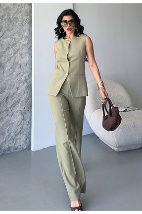 کت و شلوار خاکی زنانه یقه کتی pembekurdelem - کد 943694515