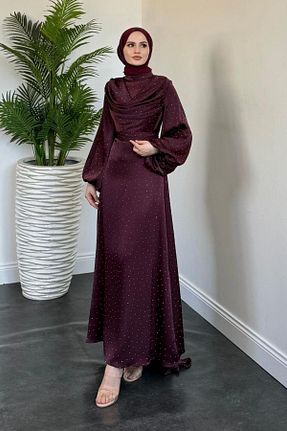 لباس مجلسی حجاب زرشکی زنانه یقه دگاژه MERVEN AKYÜZ - کد 944011240