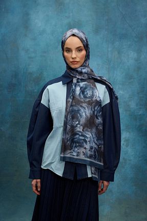 شال سرمه ای زنانه پنبه ای MİRSOY SCARF - کد 924659935
