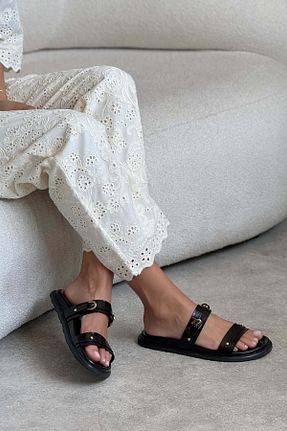 دمپائی مشکی زنانه چرم مصنوعی NİŞANTAŞI SHOES - کد 942953507