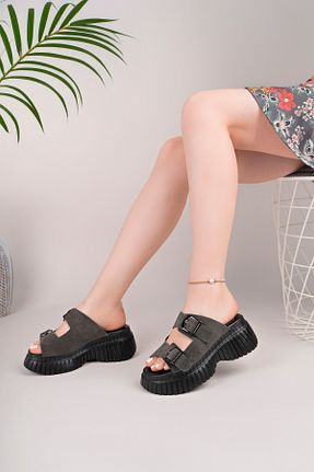 دمپائی طوسی زنانه چرم خالص NOSEY SHOES - کد 943598552