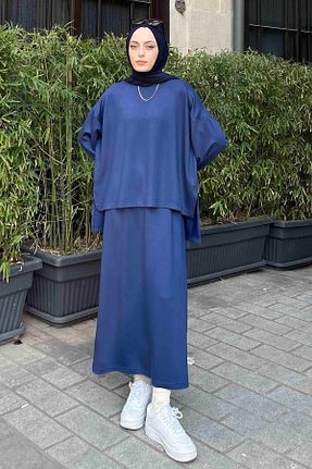 ست بالاتنه و پائین تنه حجاب سرمه ای زنانه Straight lamelif - کد 839611929