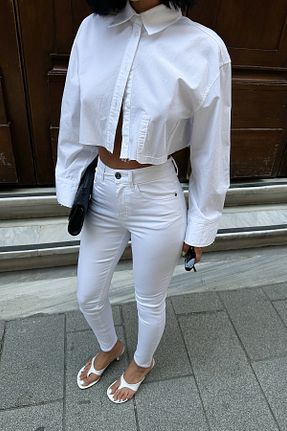 شلوار جین سفید زنانه پاچه تنگ HLT JEANS - کد 943751856