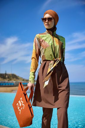 مایو حجاب قهوه ای زنانه گلدار Marina Swimwear - کد 945563863